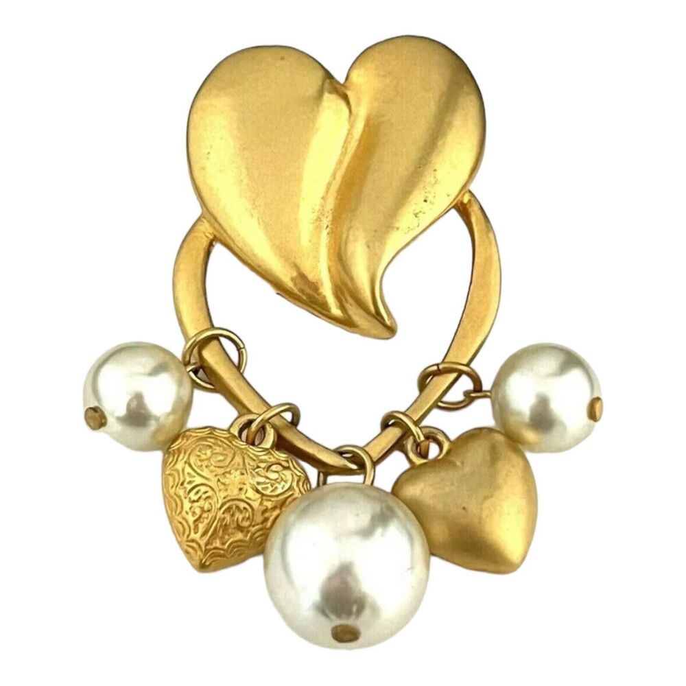 Vintage 1980s Heart Dangle Brooch Simulated Pearl Matte Gold Tone - 3K